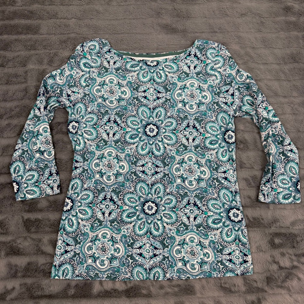 Talbots Petite Teal Navy Mandala Paisley Boatneck Top SP 3/4 Sleeve Cotton Blend